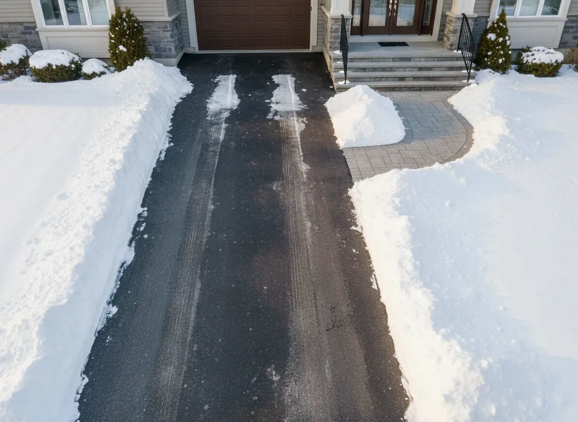 Driveway cleared of snow after plowing